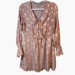En Creme Anthro Satin Star Print Mini Dress S Fairycore Celestial Bell Sleeve